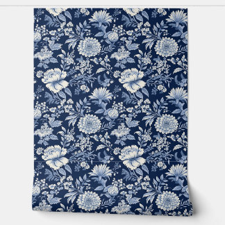 Papier Peint Midnight Blossom Petite - Bleu et blanc
