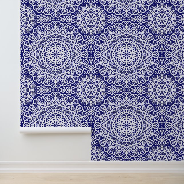 Papier Peint Midnight Blue Bohemian Mandala White Lace (Application)