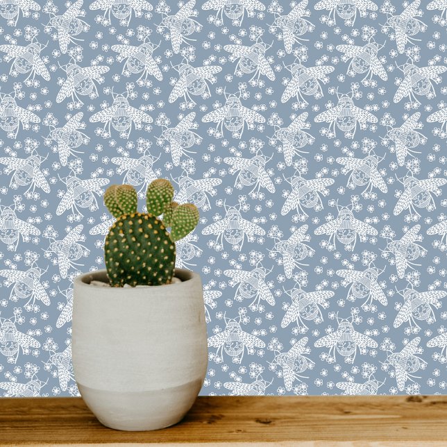 Papier Peint Miel Bee Bleu et Blanc (Blue and white honey bee pattern art wallpaper)