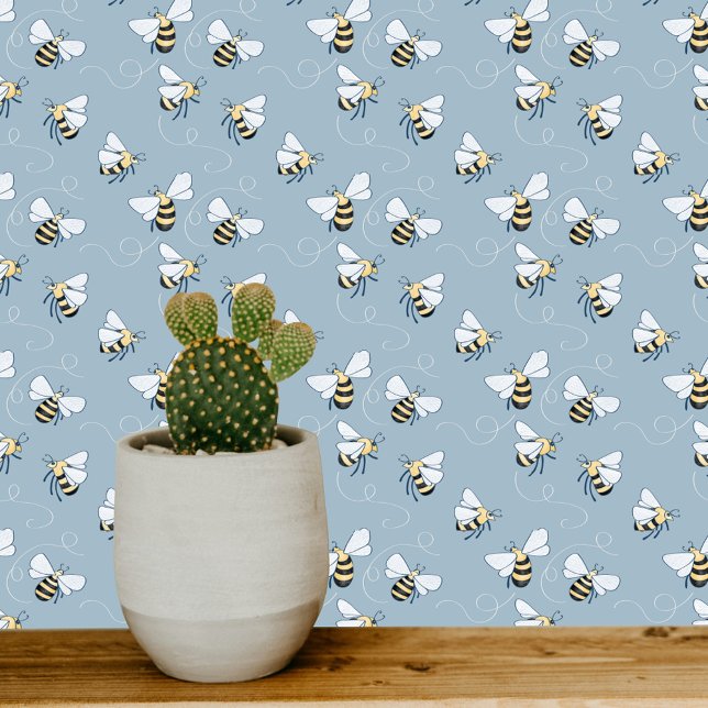Papier Peint Miel Bee Blue (Blue and white honey bee pattern art wallpaper)