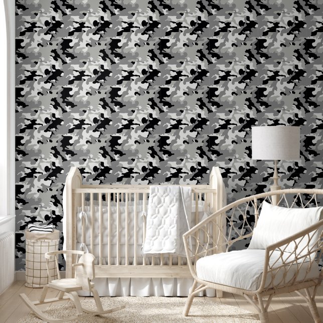 Papier Peint mignonette garçons carrelé camo noir pépinière (Enfants)