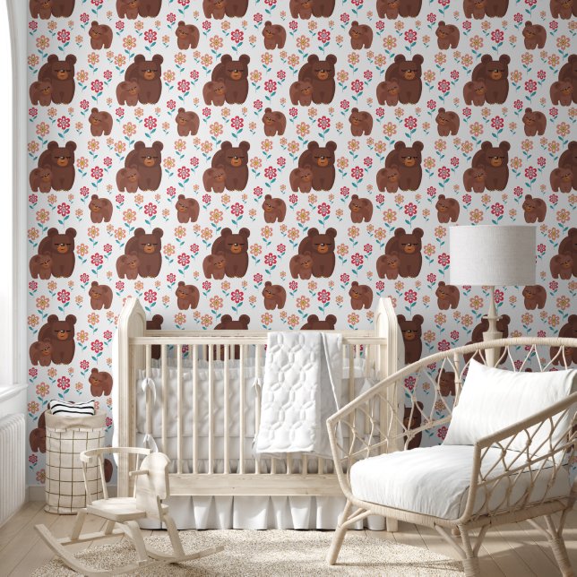 Papier Peint Mignonne brun ours mère et bébé, fleurs motif (Enfants)