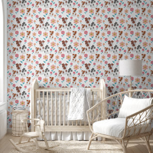 Papier Peint Mignonne chien mère et bébés, fleurs motif