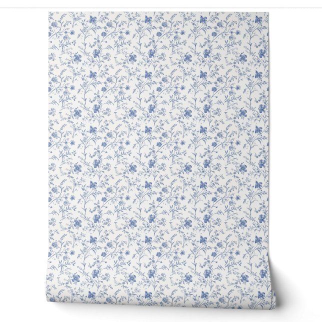 Papier Peint Mini charme floral français - bleu et blanc cassé (Déroulement)