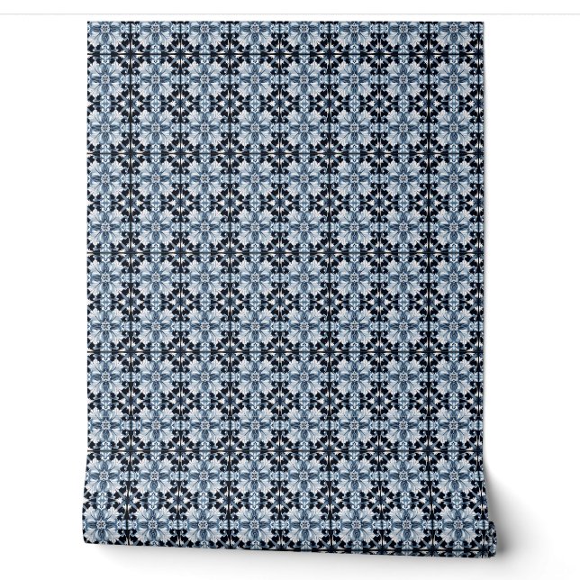 Papier Peint Mini en fleur de Regal givrée - Bleu, Blanc, Noir (Déroulement)