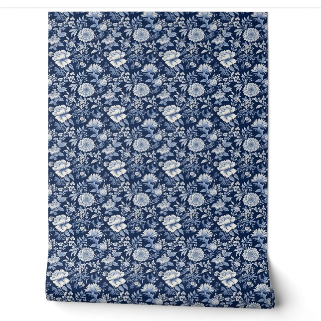 Papier Peint Mini en fleurs de minuit - Bleu et blanc (Déroulement)