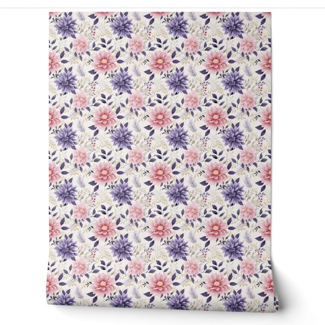 Papier Peint Mini Flore - Violet, Rose, Beige - Glam (Déroulement)