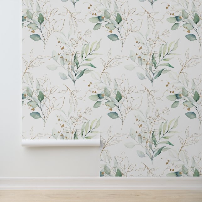 Papier Peint Mint Green Pastel Floral Greenery Motif (Application)