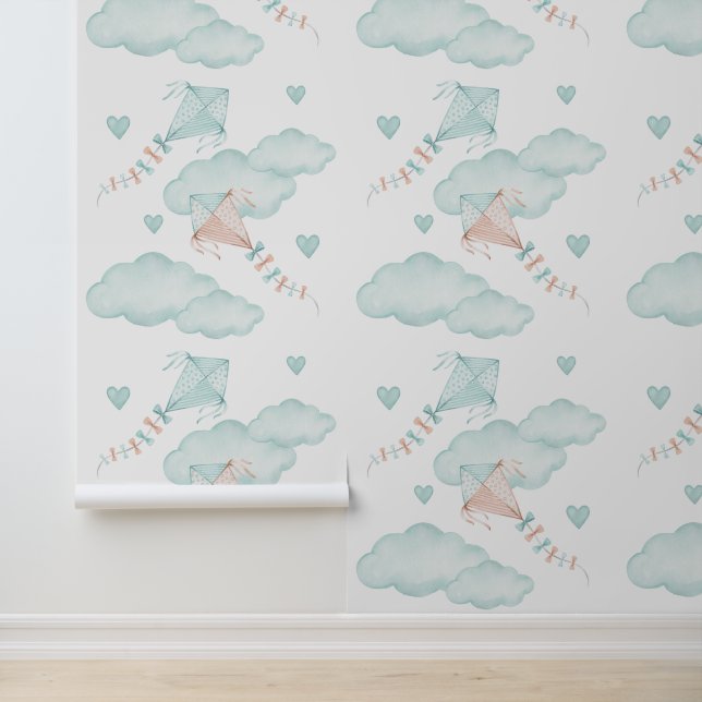 Papier Peint Mint Peach Kites Nuages Coeurs Baby Girl Nursery (Application)