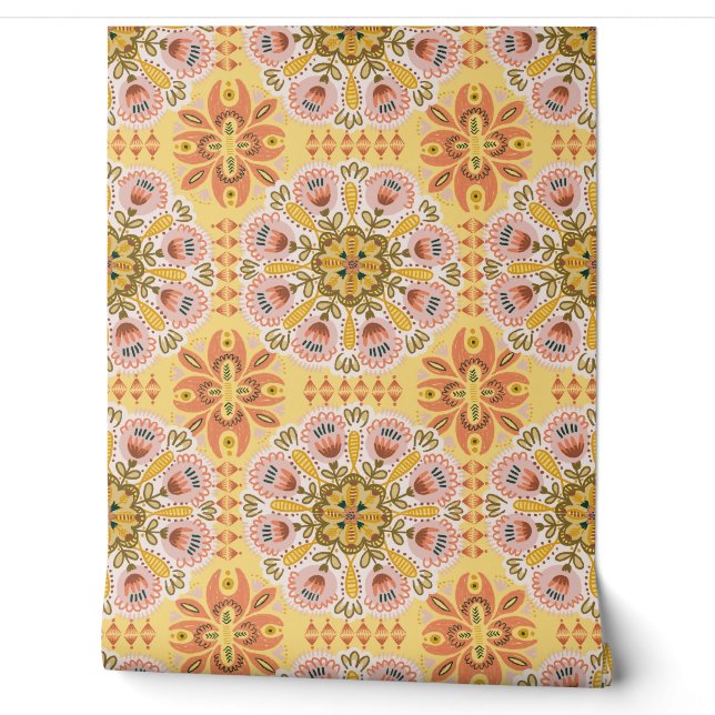 Papier Peint Modèle floral géométrique bohème (Déroulement)