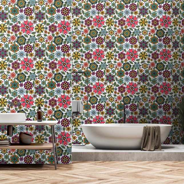 Papier Peint Modern Retro Floral Drawing Seamless Pattern Art (Salle de bain)