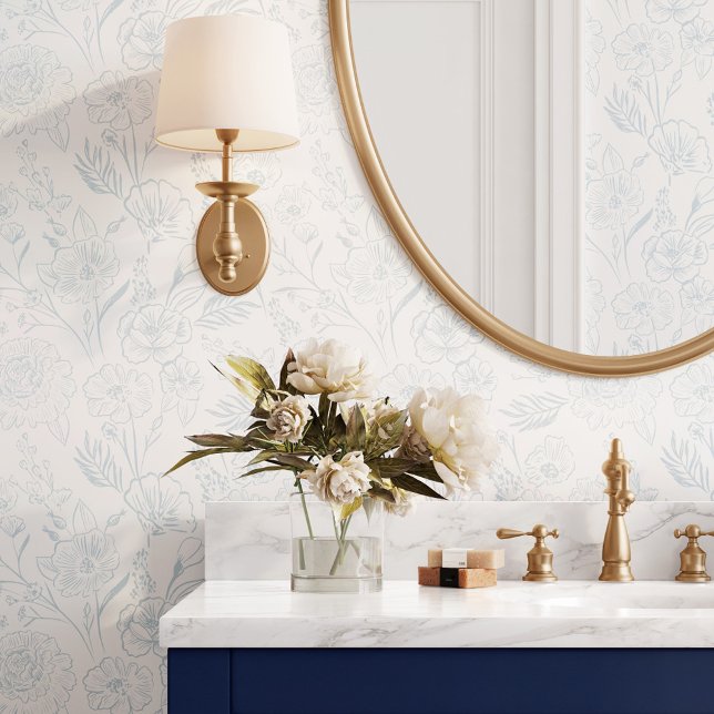 Papier Peint Moderne Chic Ligne Bleue Art Floral Folio Motif (Modern Chic Blue Line Art Floral Foliage Pattern Wallpaper)