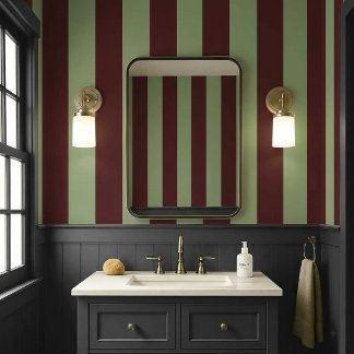 Papier Peint Moderne Élégant Oxblood & Vert Sauge Rayé