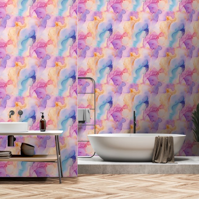 Papier Peint Moderne Pink Blue Pastel Alchohol Encre Abstraite (Salle de bain)