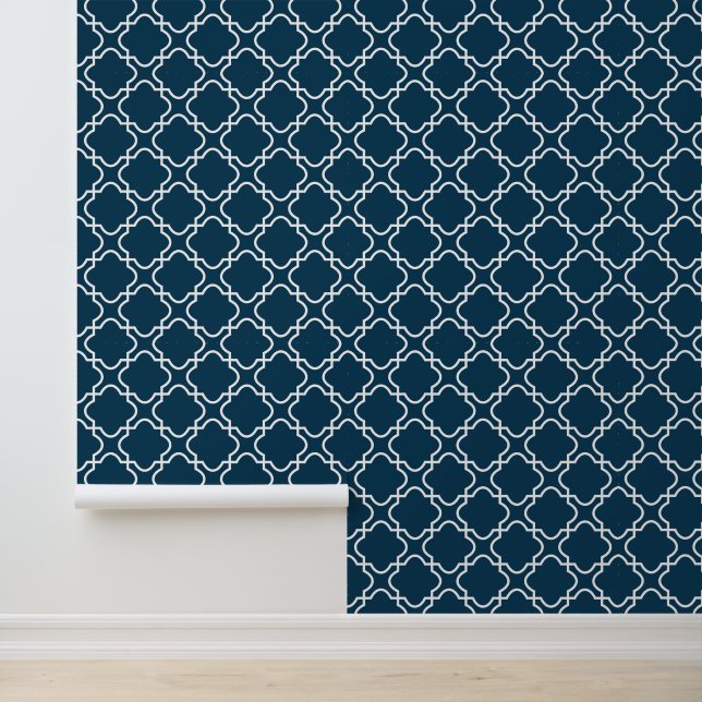 Papier Peint Moderne tendance Dark Navy Blue Quatrefoil (Application)