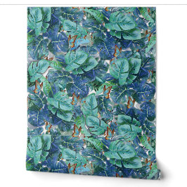 Papier Peint Monstera bleu turquoise Feuilles et papillons