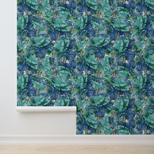 Papier Peint Monstera bleu turquoise Feuilles et papillons (Application)