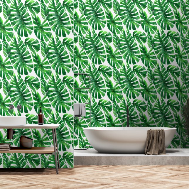Papier Peint Monstera feuille jungle tropicale motif hawaïen (Salle de bain)