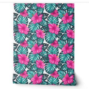 Papier Peint Monstera feuilles et Hibiscus Turquoise et rose
