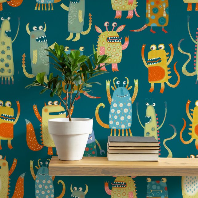 Papier Peint Monstres amusants Motif Turquoise vert (Fun monster pattern wallpaper)