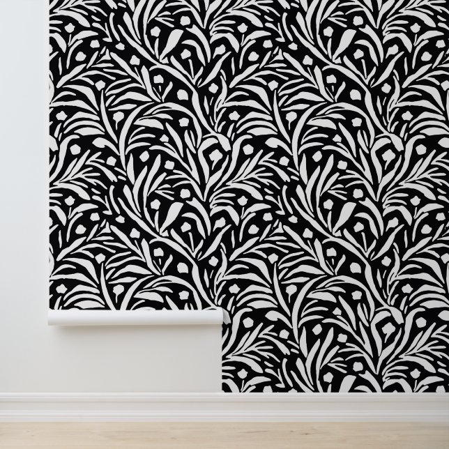 Papier Peint Motif à feuilles de fleurs noires et blanches (Application)