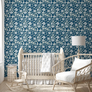 Papier Peint Motif à fleurs - Bleu foncé, Bleu clair et Crème