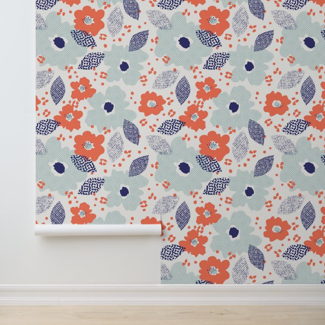 Papier Peint Motif à fleurs moderne orange et bleu (Application)