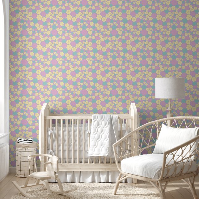 Papier Peint Motif à fleurs - rose, jaune, violet et vert (Enfants)