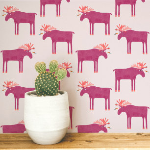 Papier Peint Motif amusant d'élan orignal rose