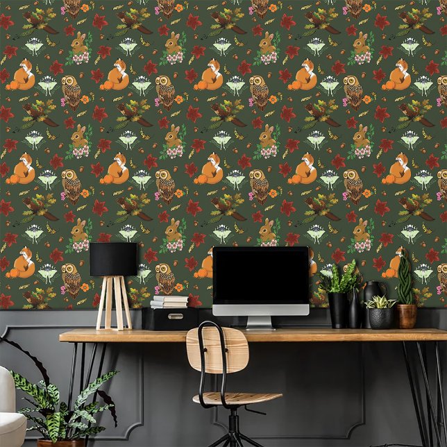Papier Peint Motif Animaux de la Forêt Boisée Automne Vert (Créateur téléchargé)