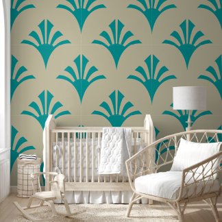 Papier Peint Motif Art Déco 02 - Turquoise sur Off-White