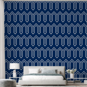 Papier Peint Motif Art Déco 05 - Blanc sur azur foncé