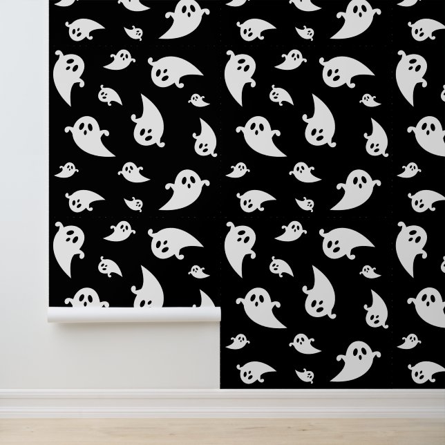 Papier Peint Motif blanc Fantômes Éffrayant Halloween noir (Application)
