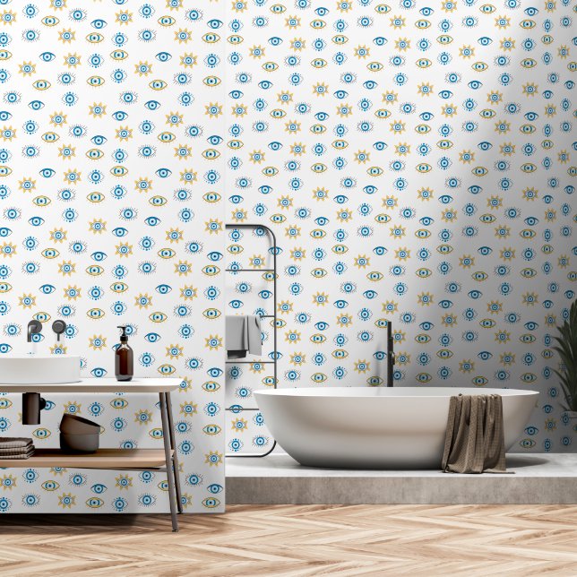 Papier Peint Motif bleu, or et blanc de l'oeil grec Mati (Salle de bain)
