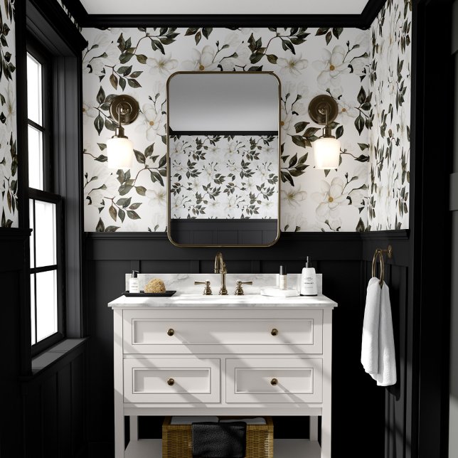 Papier Peint Motif botanique blanc Magnolia Floral (White Magnolia Floral Watercolor Botanical Pattern Wallpaper (Bathroom))