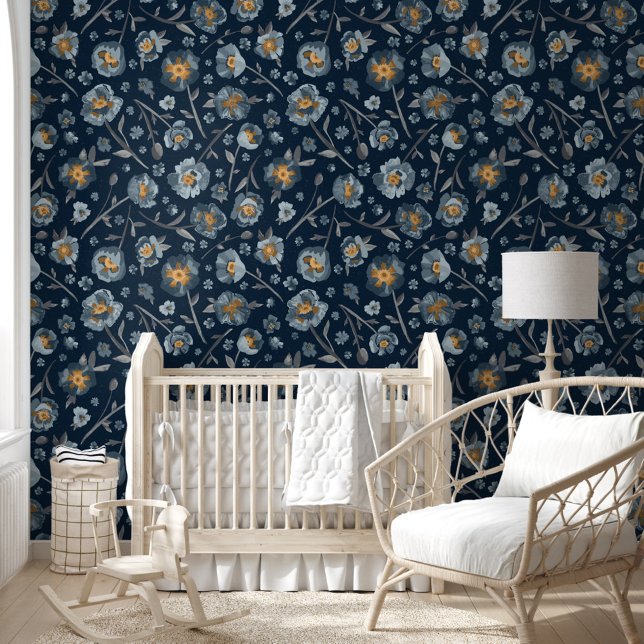 Papier Peint Motif botanique bleu Floral (Poppies Blue Floral Botanical Pattern Wallpaper from Studio Posies.)