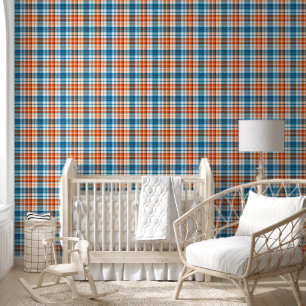 Papier Peint Motif carreaux tartan bleu orange blanc