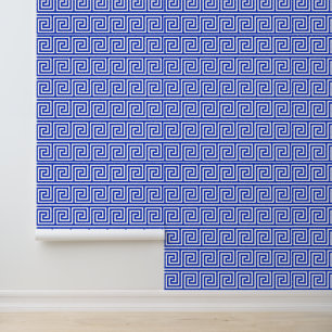 Papier Peint Motif Carrés Clé Méandre Grec Bleu