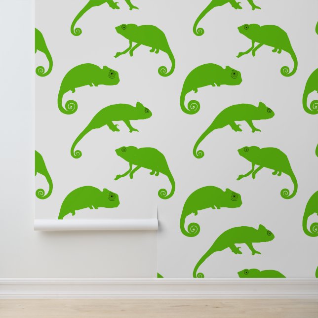 Papier Peint Motif Chameleon Blanc Vert (Application)