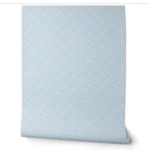 Papier Peint Motif clé grec bleu ciel et blanc