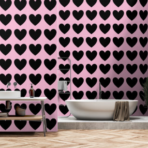 Papier Peint Motif Coeurs personnalisables, Noir sur Pastel Ros