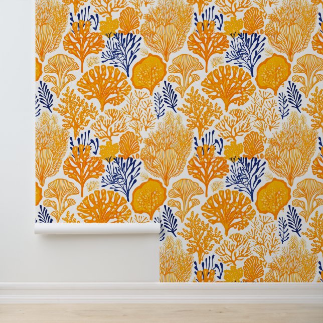 Papier Peint Motif côtier corallien orange et bleu (Application)