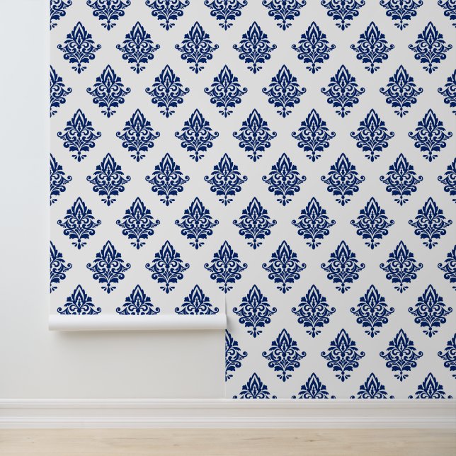Papier Peint Motif Damas de style Hamptons bleu et blanc (Application)