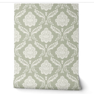 Papier Peint Motif Damassé Rococo Crème sur Fond Vert