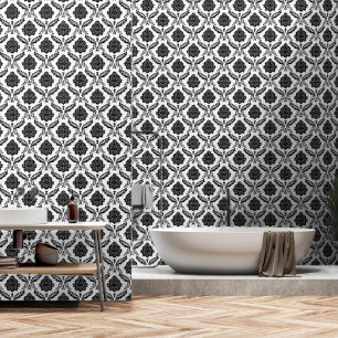 Papier Peint Motif Damassé Rococo Noir sur Blanc