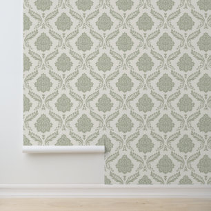 Papier Peint Motif Damassé Rococo Vert sur Crème