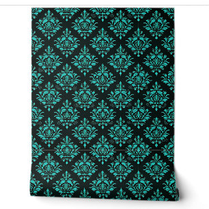 Papier Peint Motif damassé turquoise élégant sur fond noir