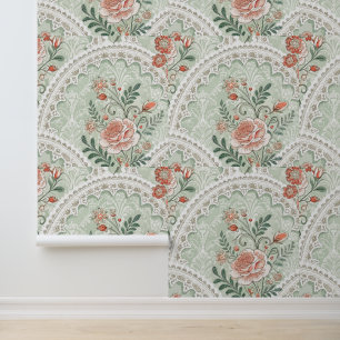Papier Peint Motif d'arche romantique aux roses menthe vintage