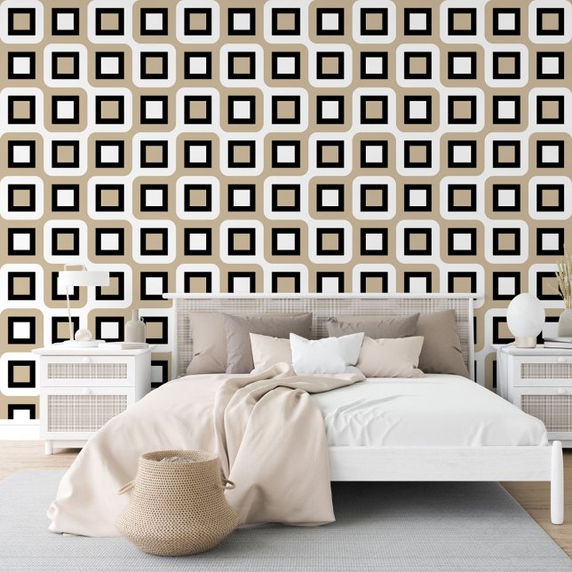 Papier Peint Motif d'art géométrique du Moyen-siècle noir beige (Créateur téléchargé)