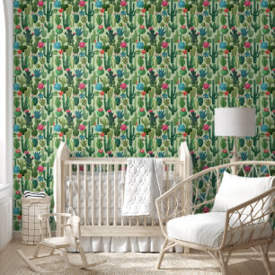 Papier Peint Motif de cactus Turquoises verts en fleurs